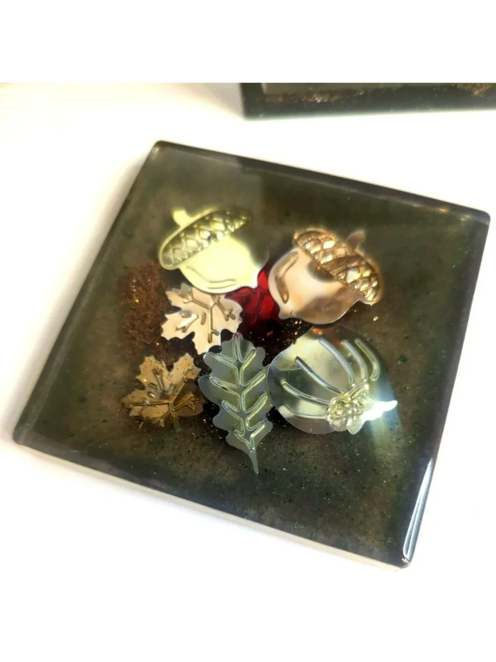 Handmade Resin Square Coaster Set With Holder Fall Autumn Themed Leaves Pumpkin
